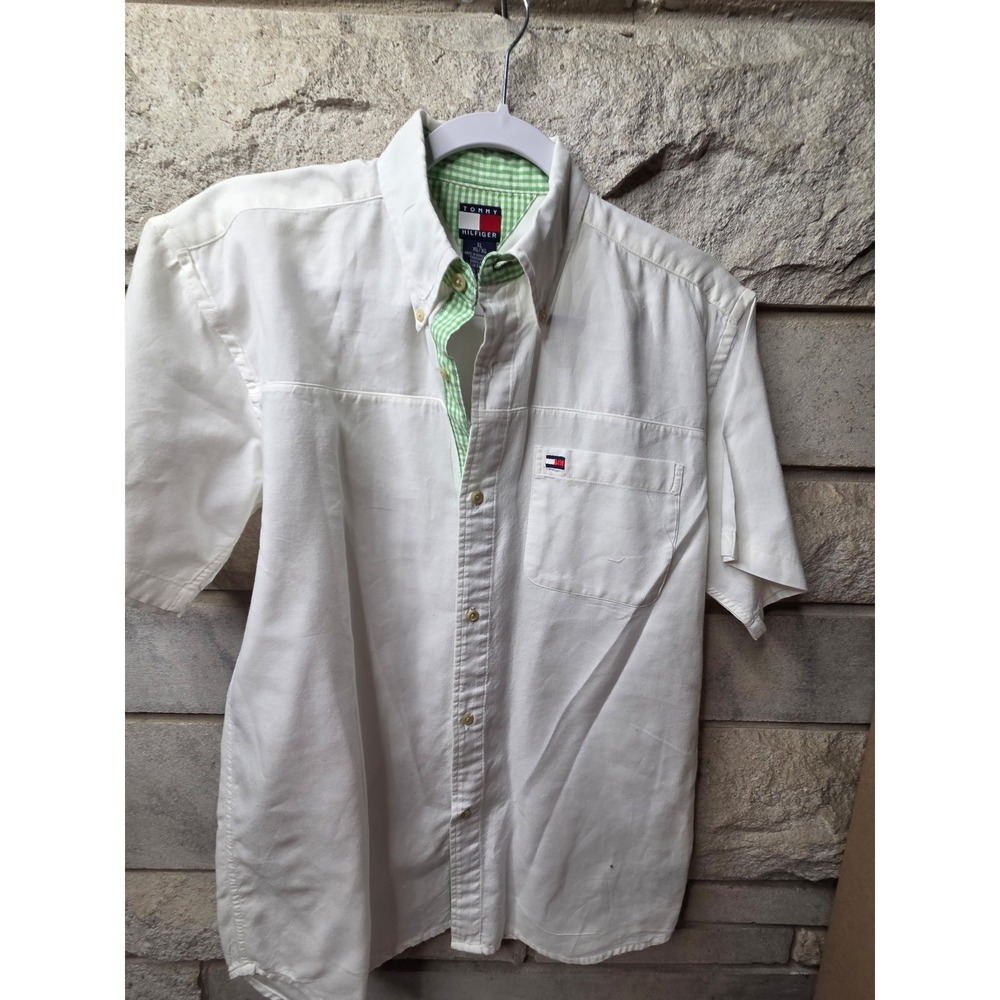 Tommy Hilfiger Mens White Cotton Short Sleeve Button Down Shirt XL Gingham Trim